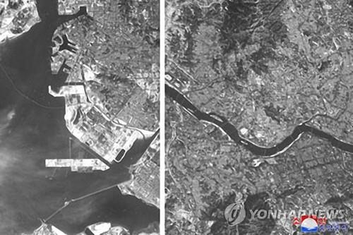 资料图片：据朝中社12月19日报道，朝鲜18日在平安北道铁山郡东仓里西海卫星发射场进行了侦察卫星研制收尾阶段的重要试验。图为朝中社发布的仁川（左）和首尔卫星图像。朝方声称用“卫星样机”拍到这些图像。 韩联社/朝中社（图片仅限韩国国内使用，严禁转载复制）