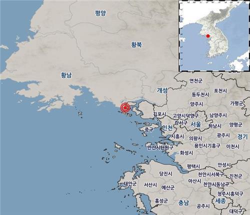 震中位于仁川市江华郡以西25公里海域。 气象厅供图（图片严禁转载复制）