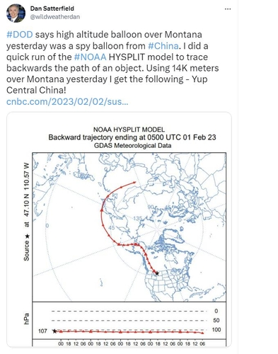 萨特菲尔德基于美国国家海洋和大气管理局气流流动模型模拟的“侦察气球”飞行路径。 萨特菲尔德推特截图