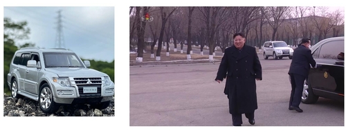 朝鲜中央电视台2月19日报道，国务委员会委员长金正恩前一日观看内阁和国防省职员之间进行的体育比赛。画面中出现警卫员乘坐的疑似日本三菱汽车旗下SUV车型“帕杰罗”（白色车辆）。 韩联社/朝鲜央视画面截图（图片仅限韩国国内使用，严禁转载复制）