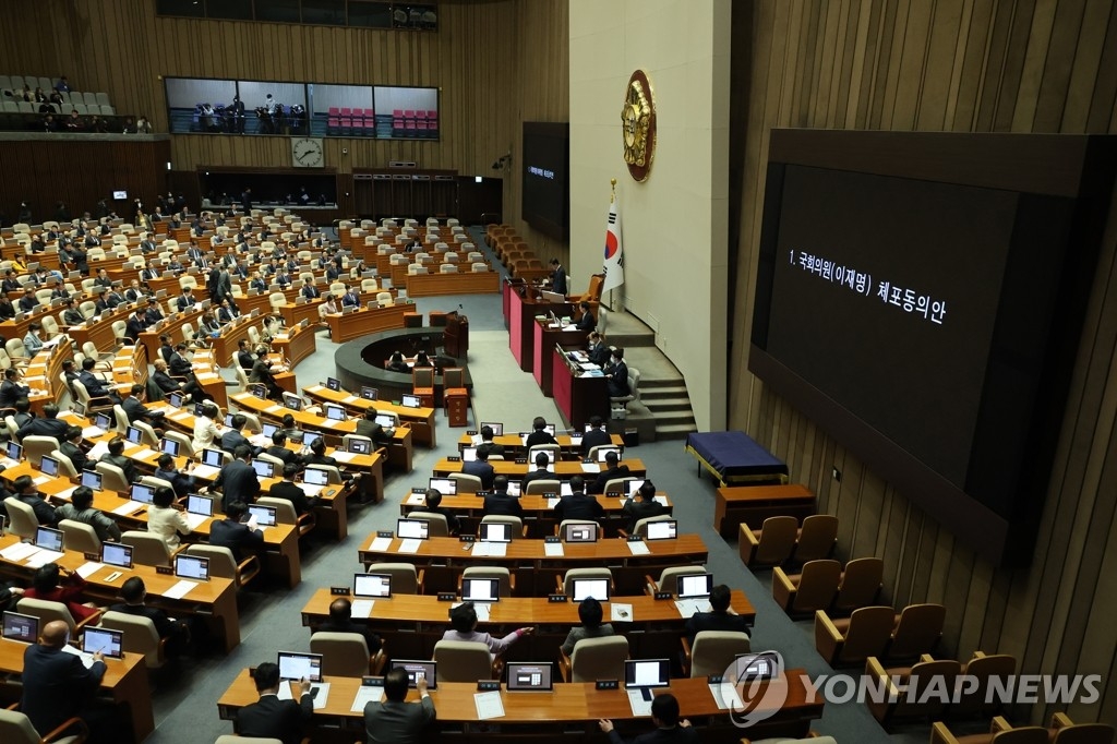 2月27日，韩国国会召开全体会议就关于同意拘留最大在野党党首李在明的议案进行表决。 韩联社