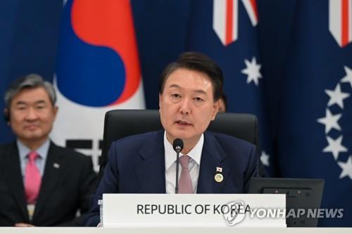 5月29日，在原总统府青瓦台，韩国总统尹锡悦出席韩国-太平洋岛国峰会并发言。 韩联社