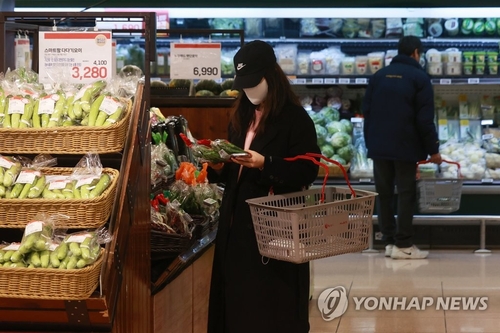 资料图片：一名市民在超市买菜。 韩联社