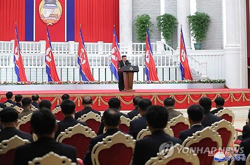 9月9日，朝鲜国务委员会委员长金正恩面向党政干部发表讲话。 韩联社/朝中社（图片仅限韩国国内使用，严禁转载复制）