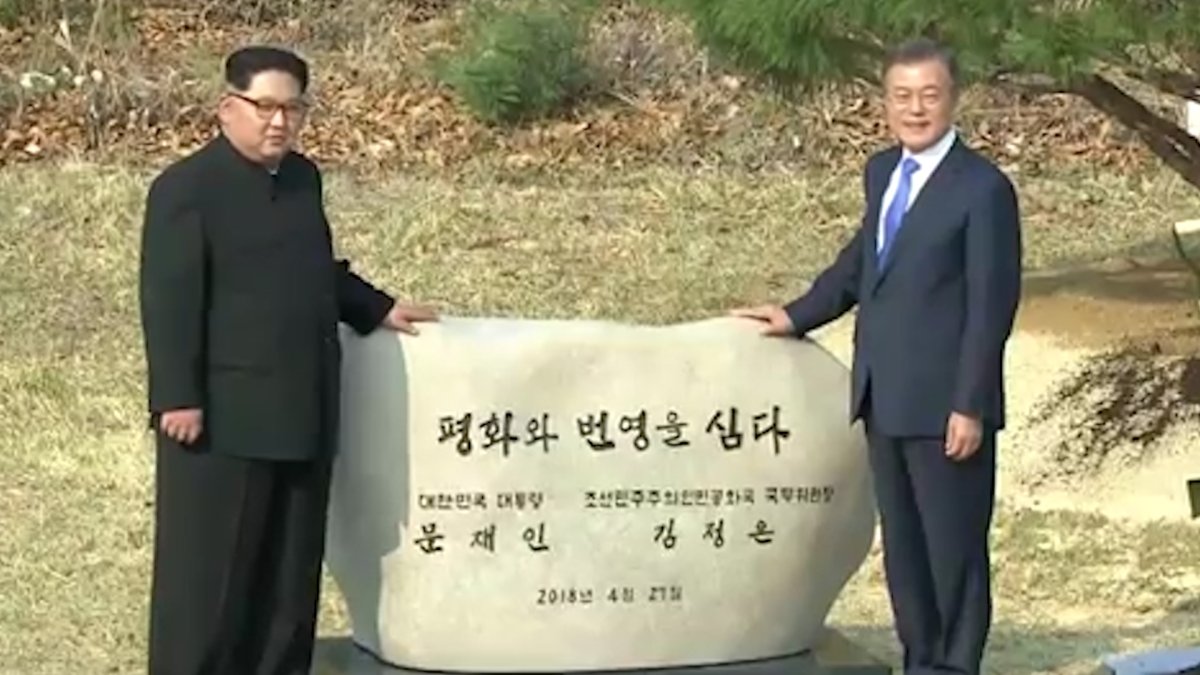 韩朝领导人在板门店共植和平树