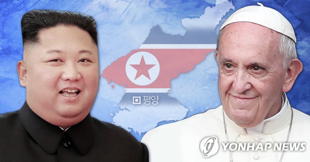 金正恩（左）邀请教皇访问朝鲜。（韩联社）