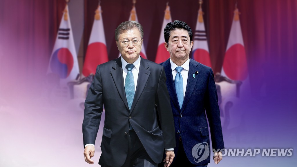 资料图片：韩国总统文在寅（左）与日本首相安倍晋三 韩联社