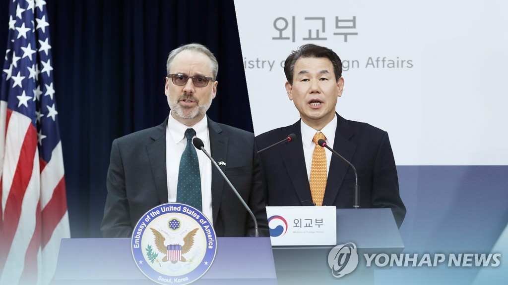 资料图片：韩方首席代表郑恩甫（右）和美方首席代表詹姆斯·德哈特 韩联社