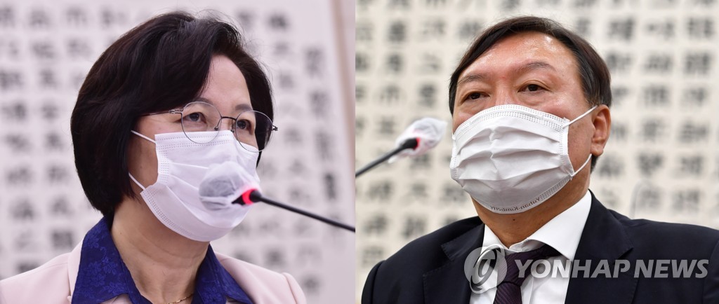 资料图片：法务部长官秋美爱（左）和检察总长尹锡悦 韩联社