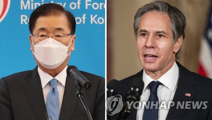 资料图片：韩国外交部长官郑义溶（左）和美国国务卿安东尼·布林肯 韩联社
