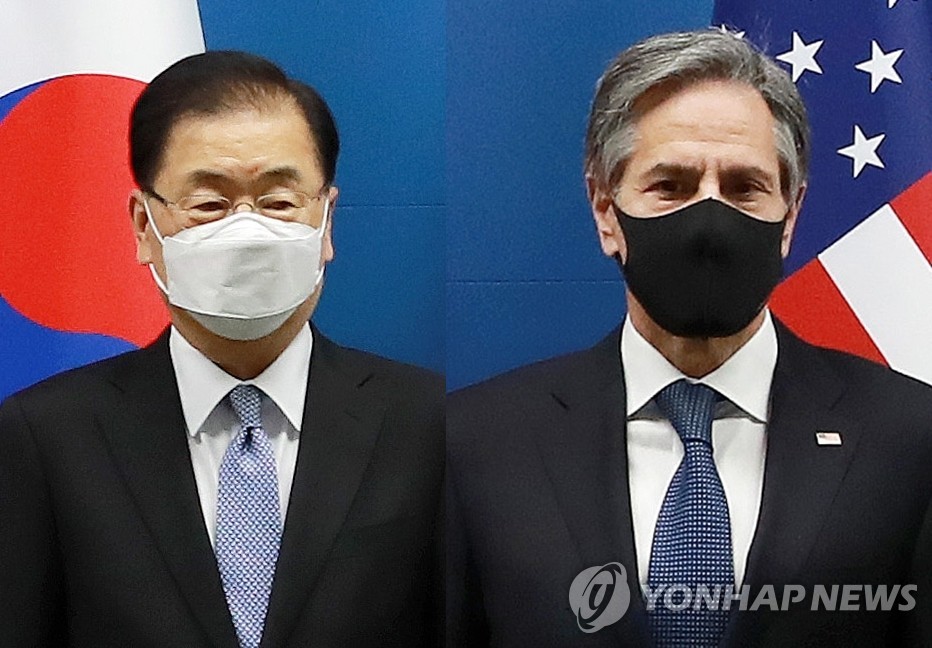 资料图片：韩国外交部长官郑义溶（左）和美国国务卿安东尼·布林肯 韩联社