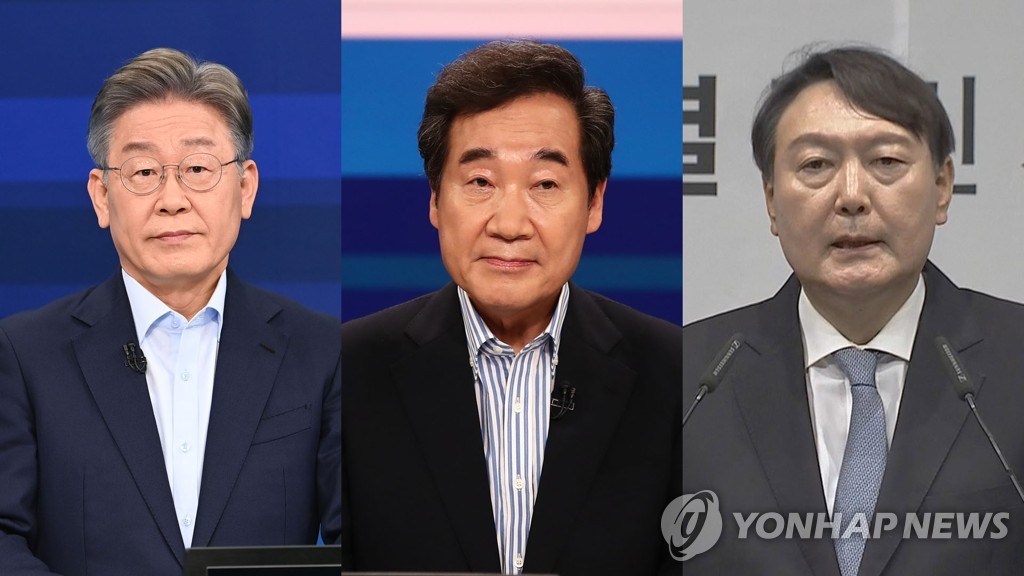 左起依次为李在明、李洛渊、尹锡悦。 韩联社TV供图（图片严禁转载复制）