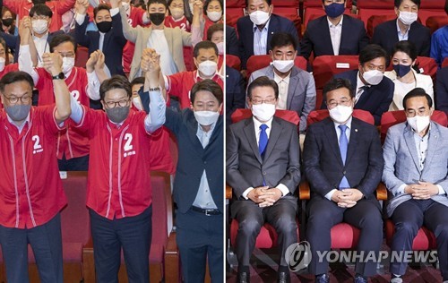 执政党国民力量（左）和最大在野党共同民主党的开票监控室 韩联社