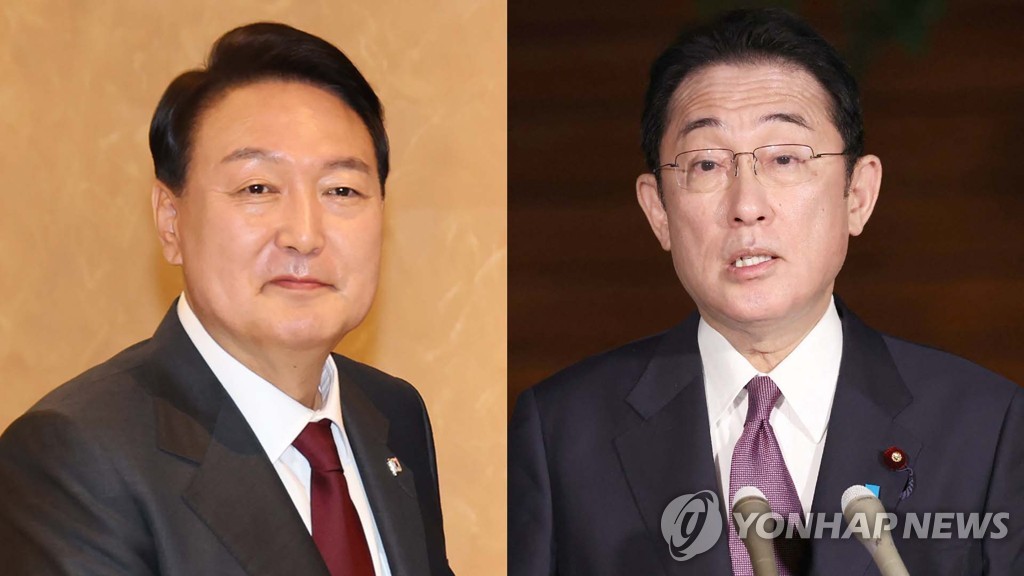 资料图片：韩国总统尹锡悦（左）与日本首相岸田文雄 韩联社TV供图