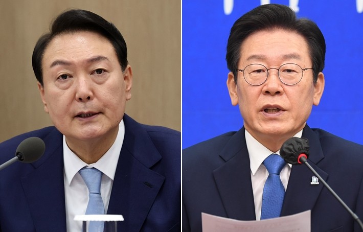 资料图片：总统尹锡悦（左）和最大在野党共同民主党党首李在明 韩联社/国会摄影记者团