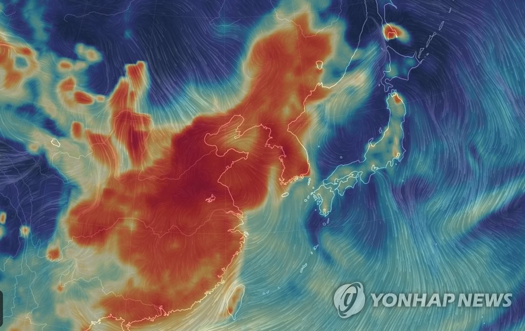 资料图片：雾霾笼罩下的中国和韩半岛（韩联社/Earth Nullschool官网截图）