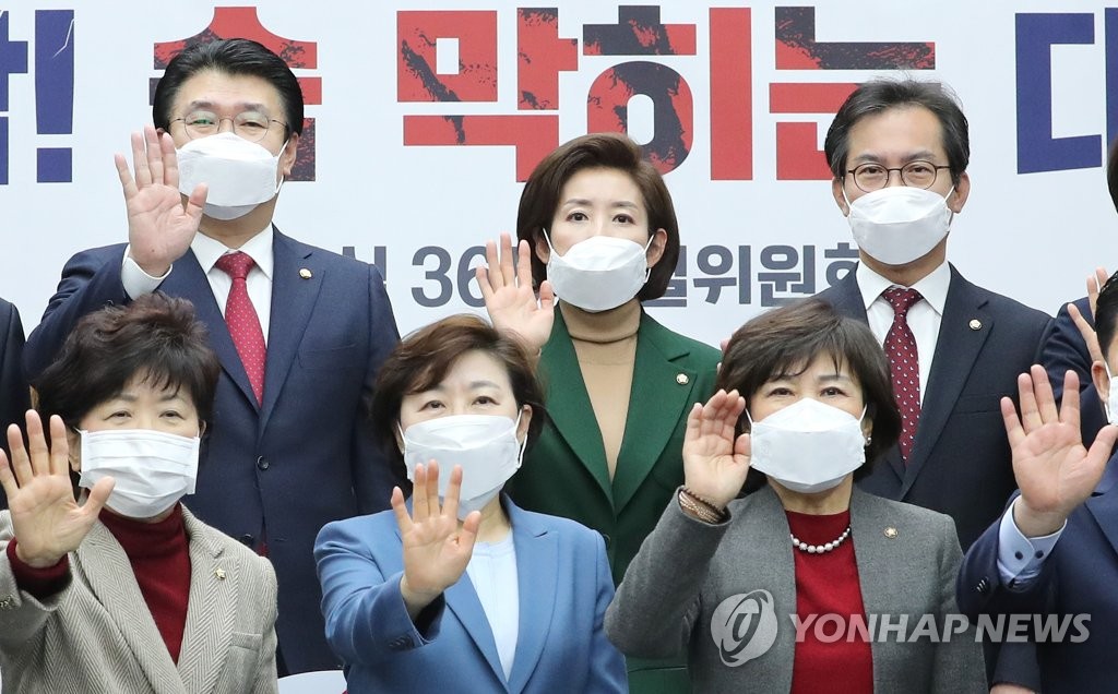 1月15日，在韩国国会，罗卿瑗（上排左二）出席国会联席会议，并摆姿势供媒体拍照。（韩联社）
