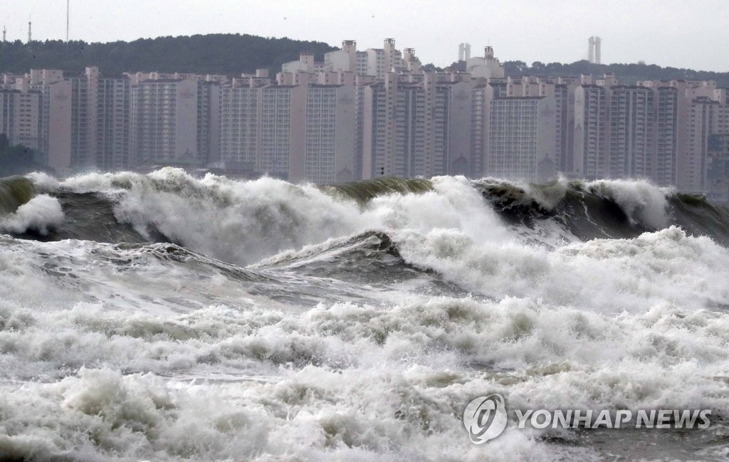 资料图片：受今年第13号台风“玲玲”的影响，在釜山近海掀起巨浪。 韩联社
