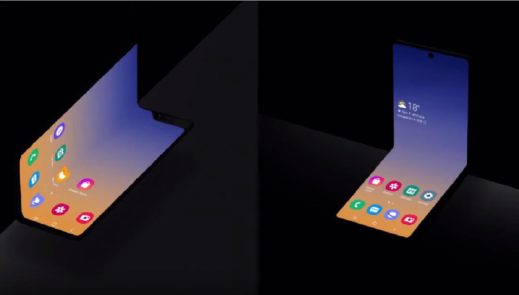 资料图片：当地时间10月29日，在美国加利福尼亚，三星电子在“2019年三星开发者大会”上公开旗下新款折叠屏智能手机。图为三星首款折叠式智能手机Galaxy Pold（左）和彻底改变手机“形态”（form factor）的横向折叠屏新款。 韩联社/三星电子供图（图片严禁转载复制）