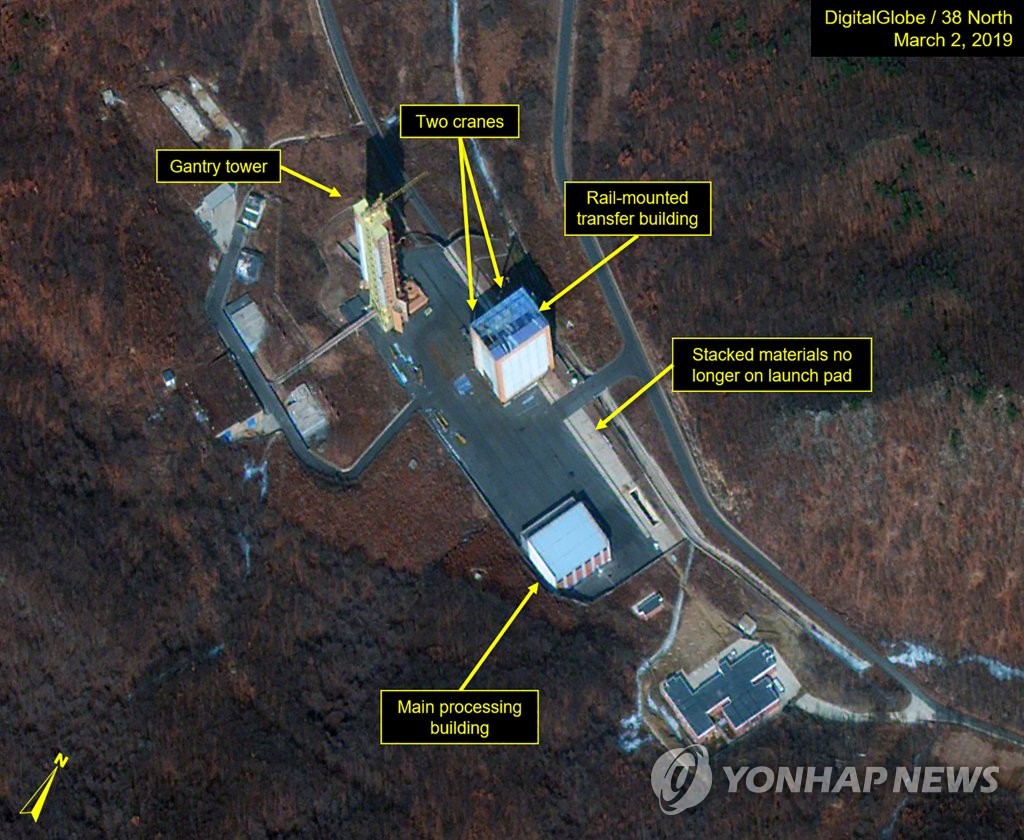 图为3月2日拍摄的朝鲜平安北道铁山郡东仓里的卫星发射场。 韩联社/“38 North”、美国数字地球公司供图（图片严禁转载复制）