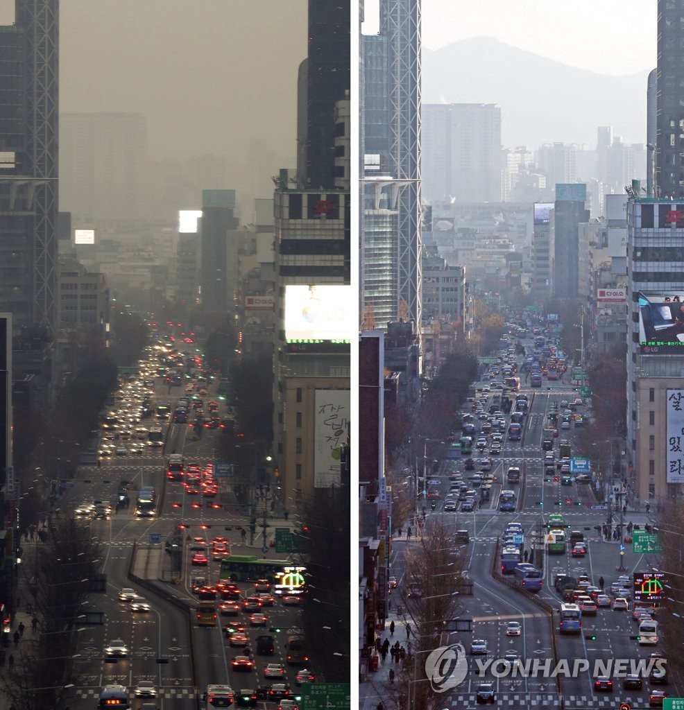 右图为12月12日雾霾消散后的首尔街道，左图为此前被雾霾笼罩的城区。 韩联社
