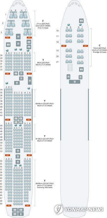 资料图片：撤侨包机B747-400机舱座位分布图 韩联社/大韩航空供图（图片严禁转载复制）