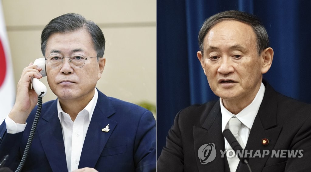 资料图片：左为韩国总统文在寅，右为日本首相菅义伟。 韩联社/青瓦台供图、欧新社（图片严禁转载复制）