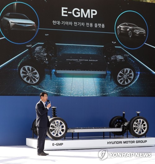 资料图片：现代汽车推介旗下电动汽车专用平台E-GMP。 韩联社