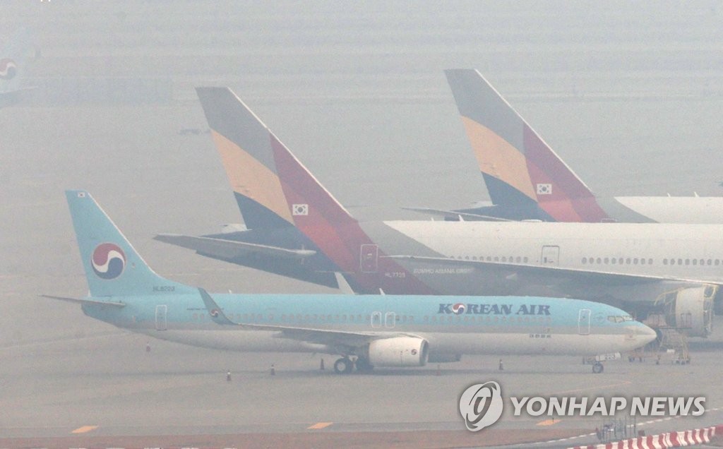 图为停在仁川国际机场的大韩航空（左）和韩亚航空客机，摄于11月13日。 韩联社