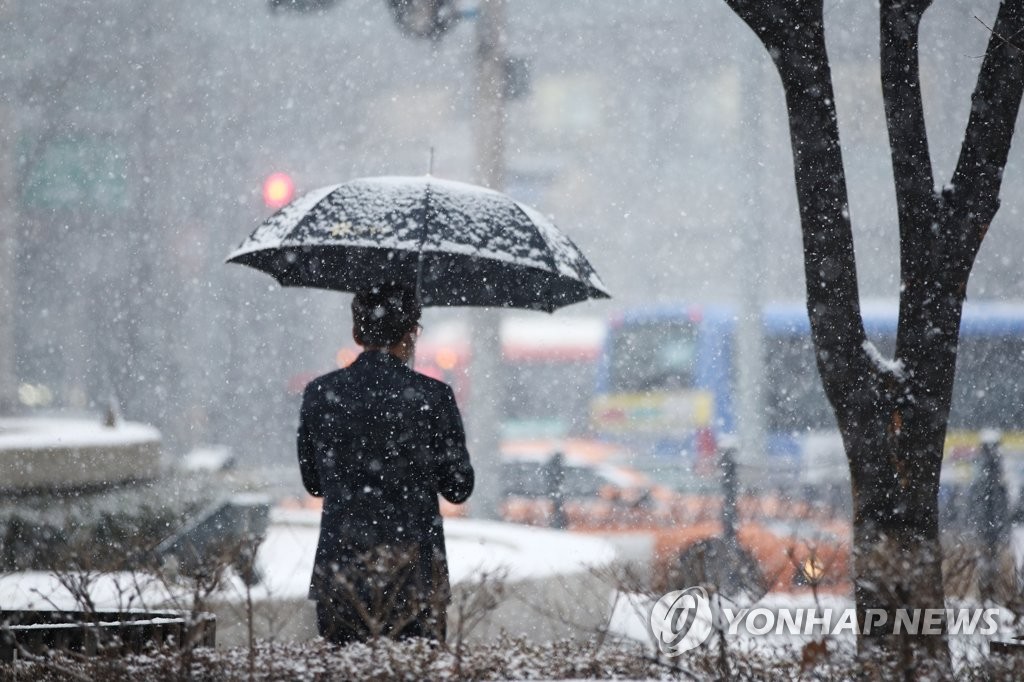 资料图片：1月12日，在首尔市中区明洞一带，市民撑伞走在雪中。 韩联社