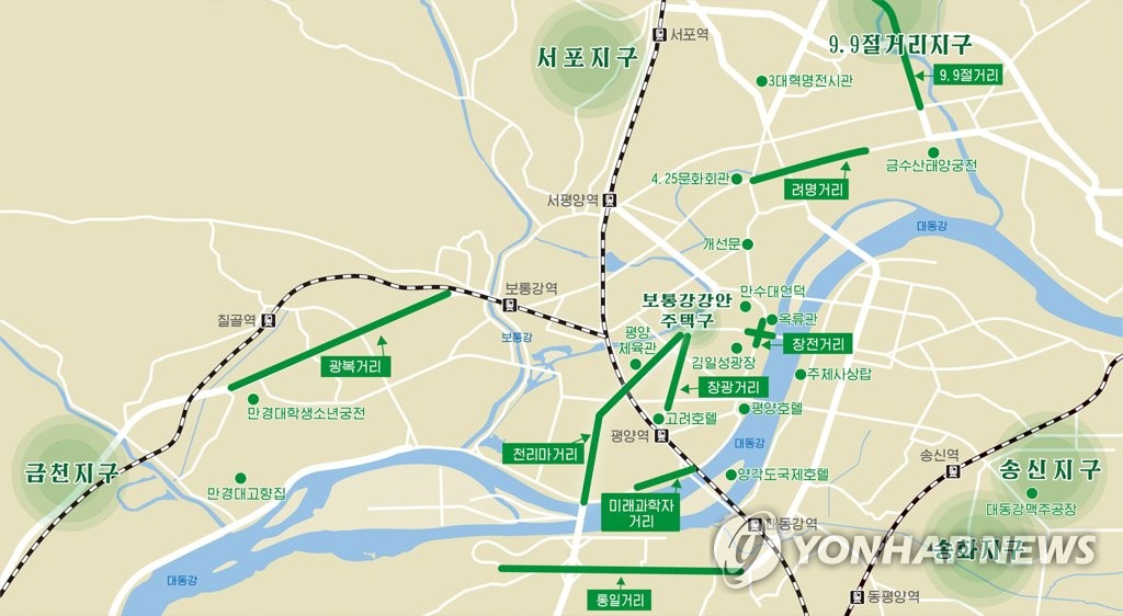 资料图片:平壤郊区新建住宅区位置示意图 韩联社/朝中社(图片仅限韩国