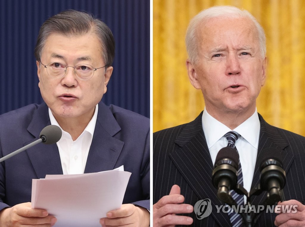 资料图片：左为文在寅，右为拜登。 韩联社