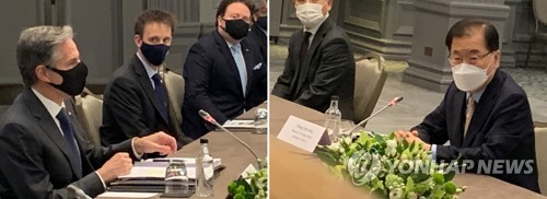当地时间5月3日，韩国外交部长官郑义溶（右一）在伦敦与美国国务卿安东尼·布林肯（左一）举行会谈。 韩联社