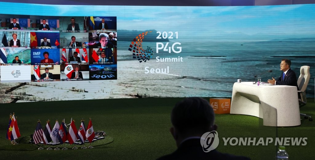 5月31日，韩国总统文在寅与第二届全球绿色目标伙伴2030峰会与会各方交换意见。 韩联社