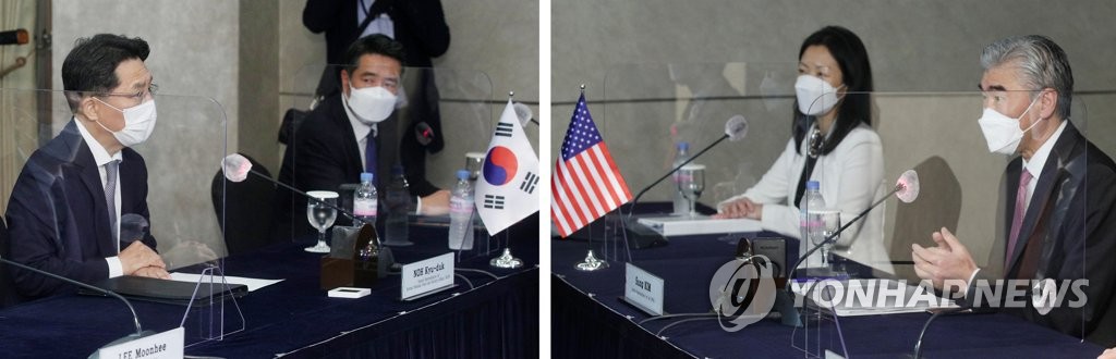 资料图片：6月22日，韩国外交部韩半岛和平交涉本部长鲁圭悳和外交部和平外交企划团团长林甲守（左图）和美国国务院对朝特别代表星·金、美国对朝特别副代表正·朴举行朝核问题磋商韩美首席代表会议。 韩联社