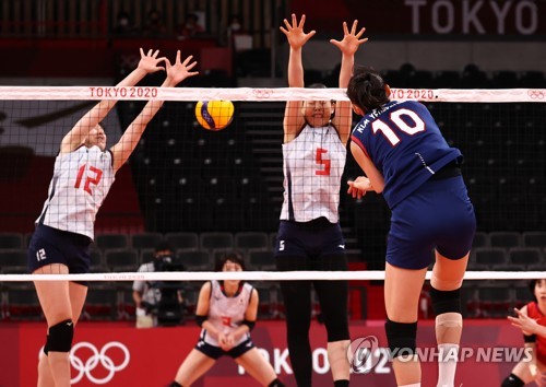 7月31日，在东京有明竞技场举行的东京奥运女排预赛A组第4轮比赛中，韩国队以3比2击败日本队，晋级八强。图为韩国选手金软景（右）进攻。 韩联社