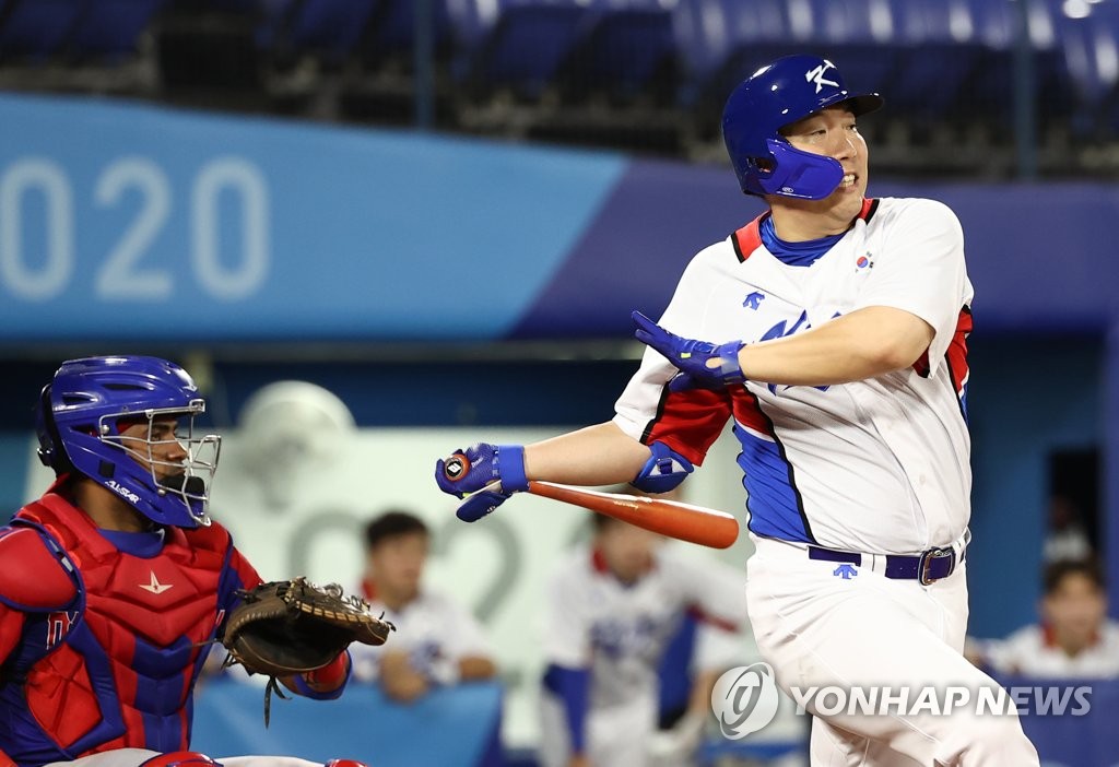 8月1日，东京奥运会棒球淘汰赛第一轮韩国队对阵多米尼加的比赛在日本横滨棒球场进行。 韩联社