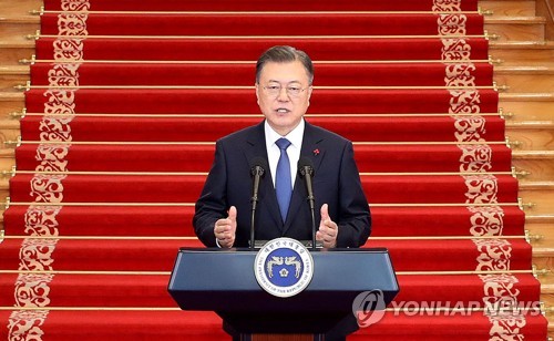 1月3日，在青瓦台，韩国总统文在寅发表2022年新年致辞。 韩联社