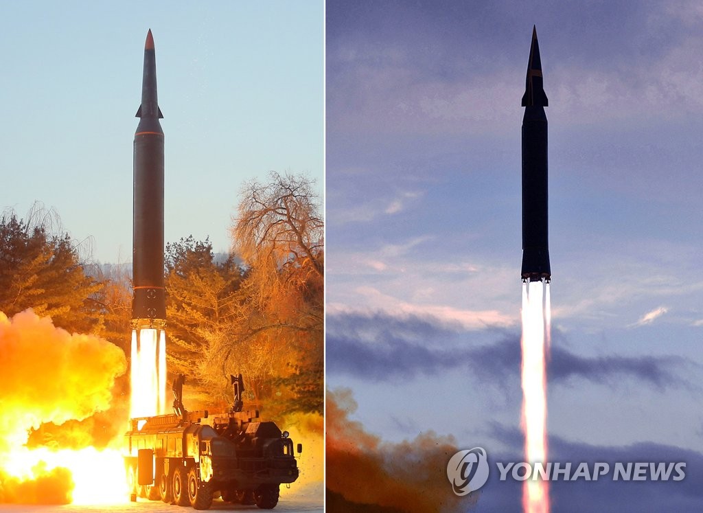 图为朝鲜1月5日试射的高超音速导弹（左）和去年试射的“火星-8”型高超音速导弹。 韩联社/朝中社（图片仅限韩国国内使用，严禁转载复制）