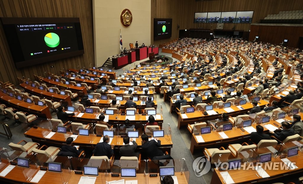 1月11日，韩国国会召开全体会议，并通过了《关于公共机构运营的法律》修正案。图为会议现场。 韩联社/国会摄影记者团