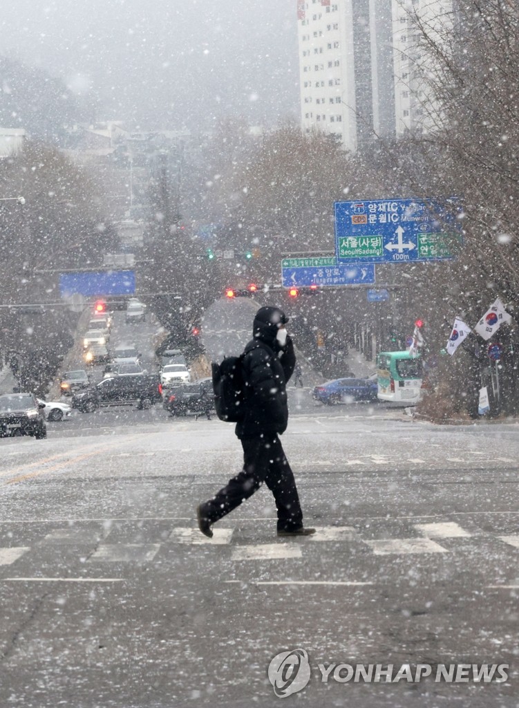 大雪紛飛1月19日,在位於京畿道果川市的政府果川辦公大樓前,一名市民