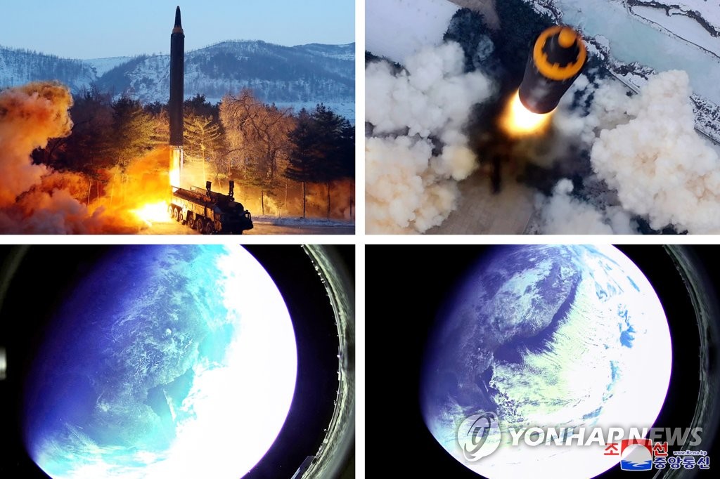 朝鲜1月31日公开的“火星-12”导弹验收试射图片 韩联社/朝中社（片仅限韩国国内使用，严禁转载复制）