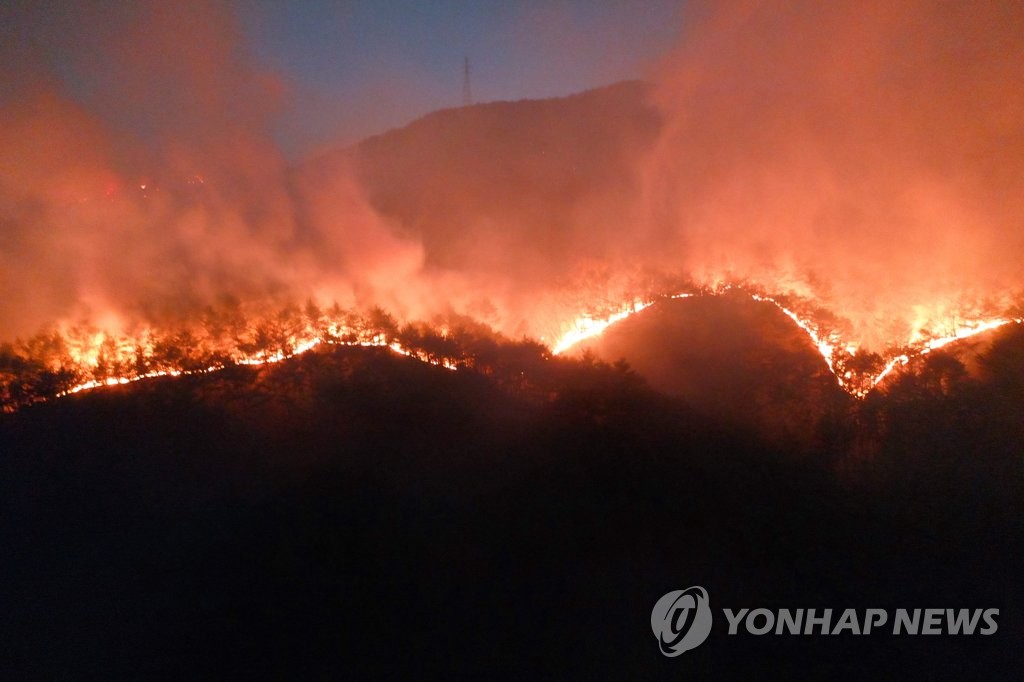 韩东南部山火隔夜复燃 过火面积超100公顷