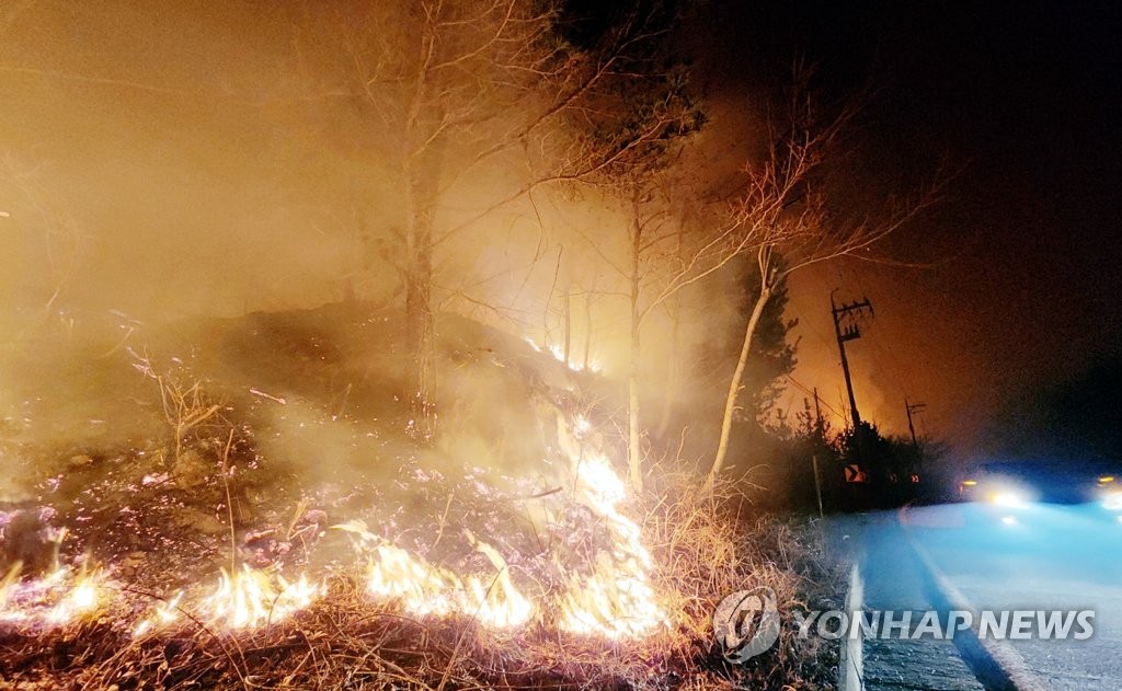 3月4日，庆尚北道蔚珍郡北面发生森林火灾，火势蔓延至江原道三陟市。 韩联社 