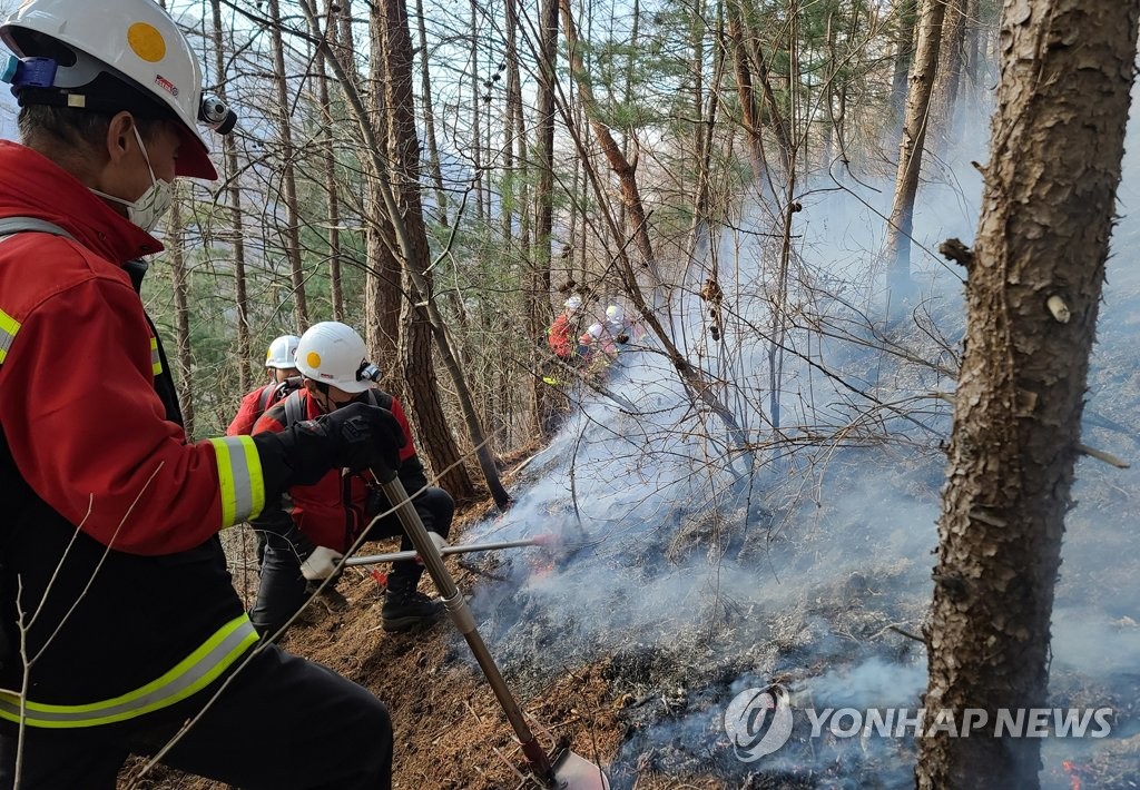 3月5日上午，在江原道宁越郡，消防人员正在开展灭火工作。 韩联社/宁越郡政府供图（图片严禁转载复制）