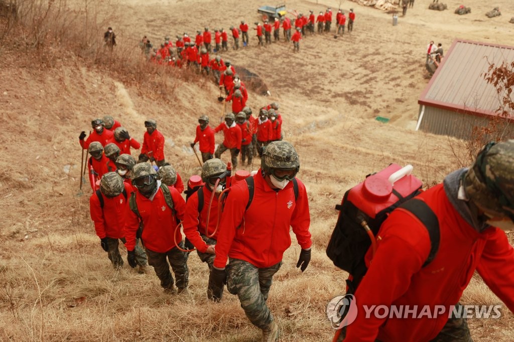 资料图片：3月6日，在庆尚北道蔚珍郡蔚珍邑新林里一带，韩国海军陆战队官兵们准备投入森林灭火工作。 韩联社