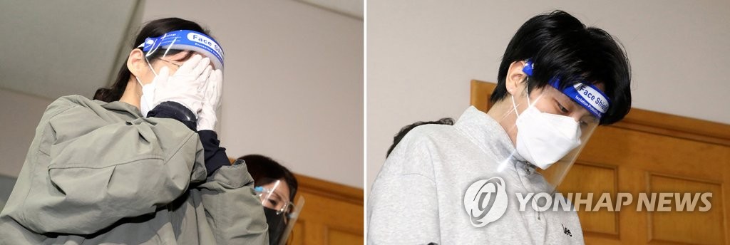 4月19日，在仁川地方法院，溪谷杀夫骗保案嫌疑人李恩海（左）和赵贤洙接受逮捕必要性审查。 韩联社