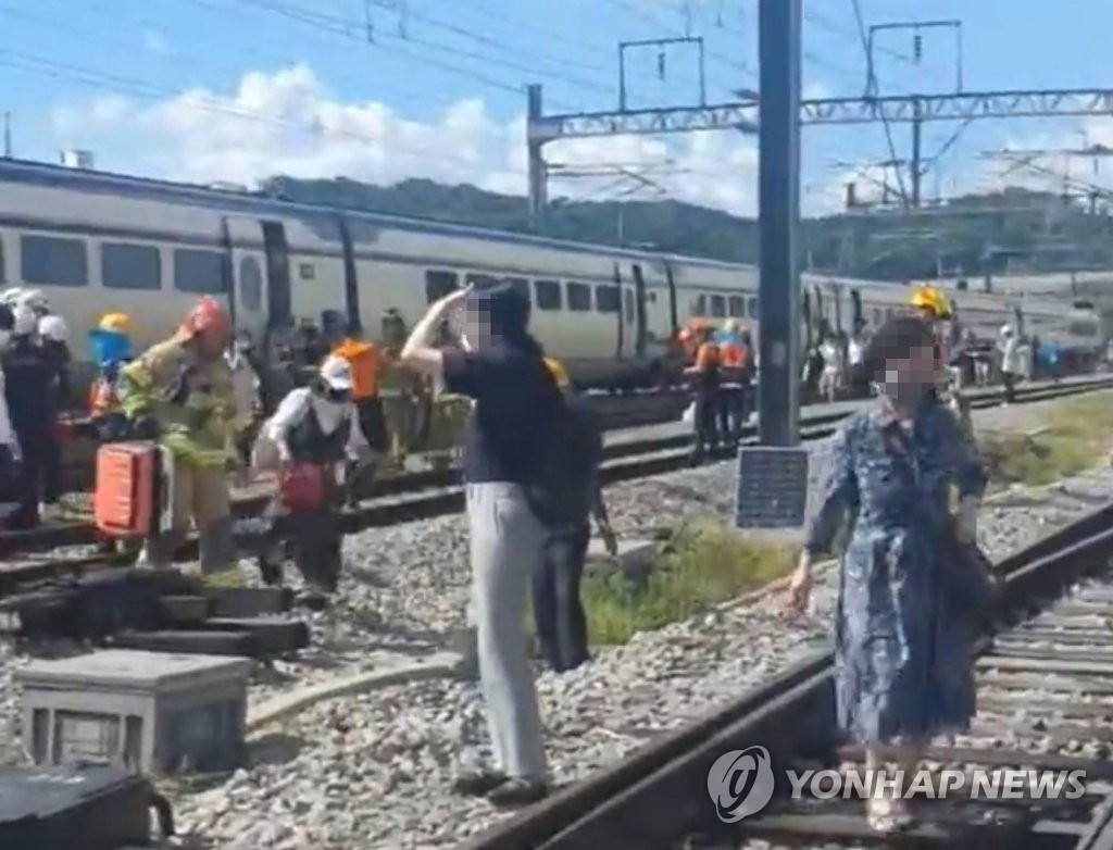 7月1日，水西高铁（SRT）338次列车发生脱轨事故。图为乘客下车避难。 韩联社/读者供图（图片严禁转载复制）