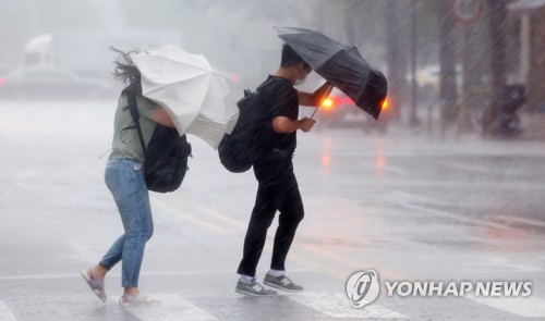 8月8日，在首尔市永登浦区的一条马路上，市民在狂风暴雨中撑伞行走。 韩联社