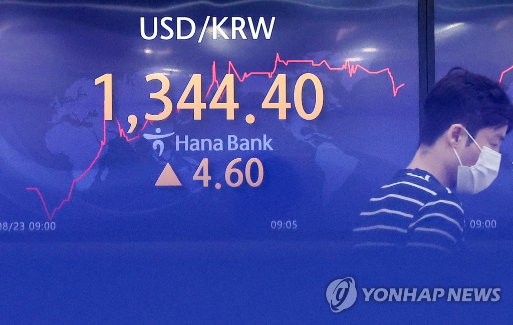 图为8月23日在首尔中区的韩亚银行总部交易大厅显示的韩元对美元实时汇率。 韩联社